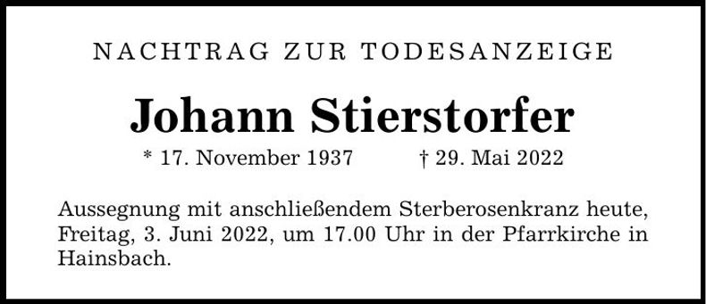 Traueranzeige Johann Stierstorfer