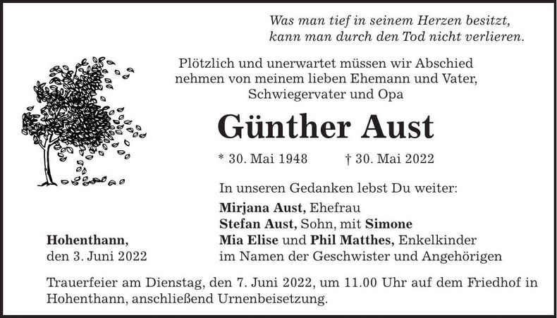 Traueranzeige Günther Aust
