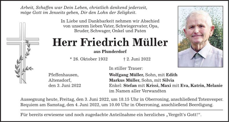 Traueranzeige Friedrich Müller