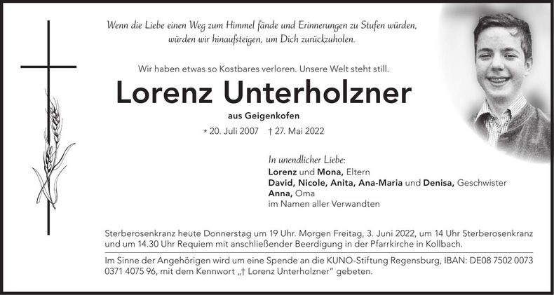 Traueranzeige Lorenz Unterholzner