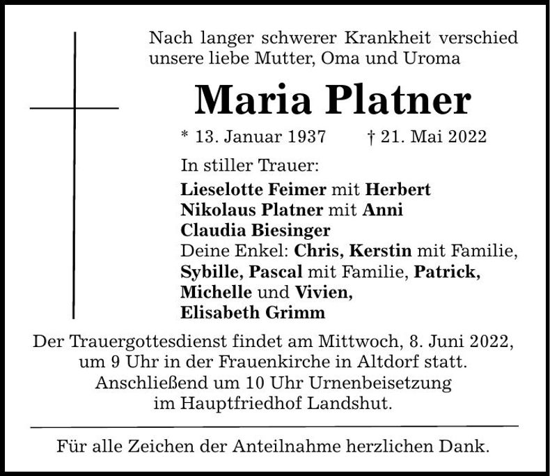 Traueranzeige Maria Platner