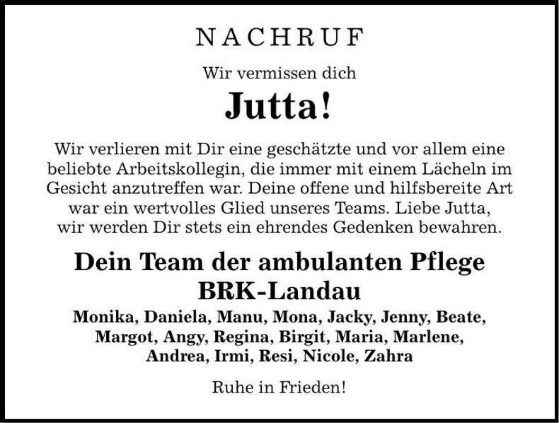 Traueranzeige Jutta Salzberger