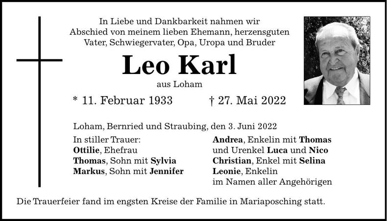 Traueranzeige Leo Karl