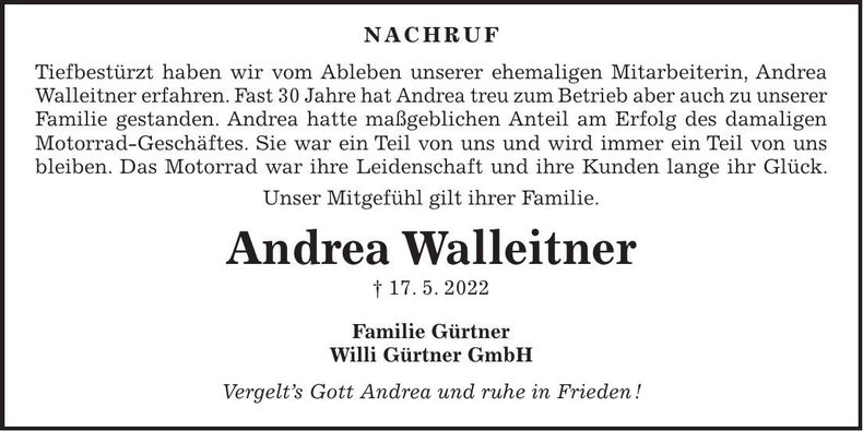 Traueranzeige Andrea Walleitener