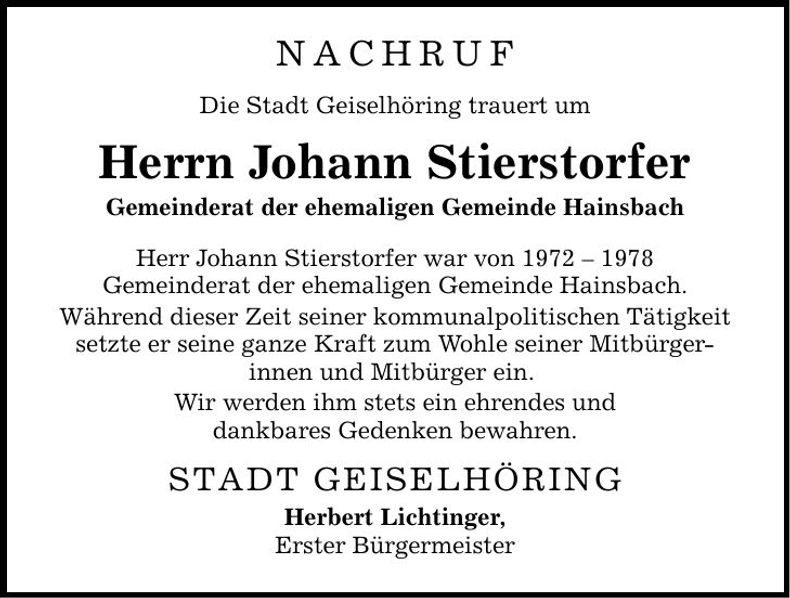 Traueranzeige Johann Stierstorfer
