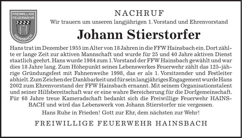 Traueranzeige Johann Stierstorfer