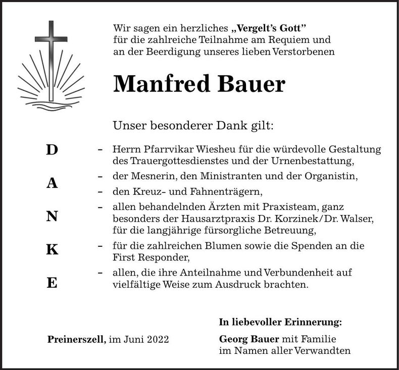 Traueranzeige Manfred Bauer