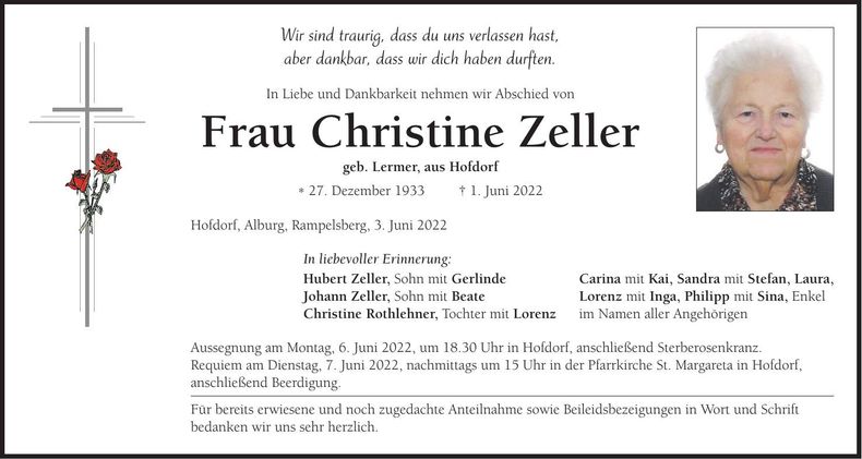 Traueranzeige Christine Zeller