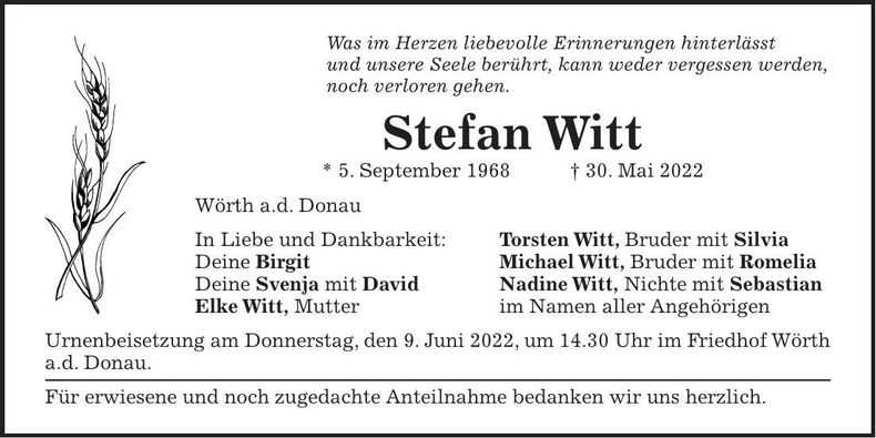 Traueranzeige Stefan Witt