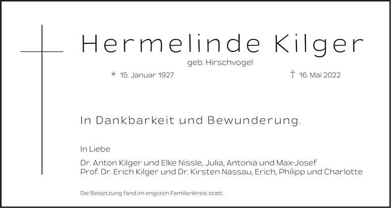 Traueranzeige Hermelinde Kilger