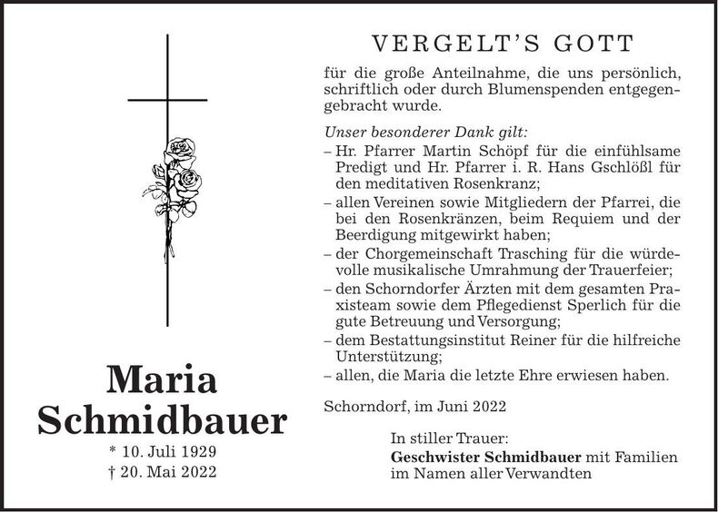 Traueranzeige Maria Schmidbauer