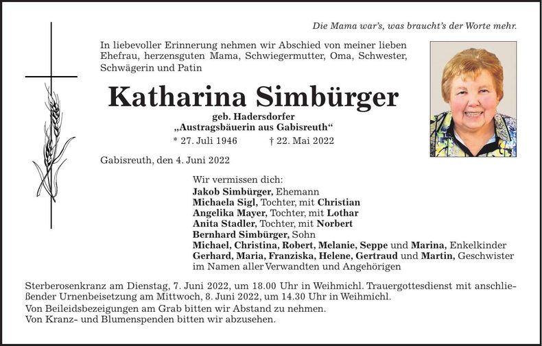 Traueranzeige Katharina Simbürger