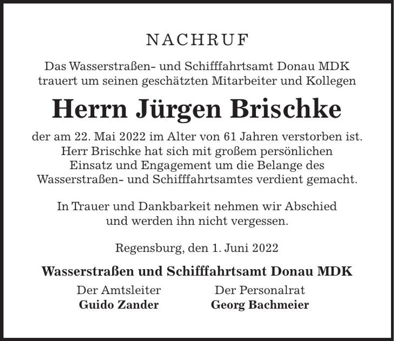 Traueranzeige Jürgen Brischke