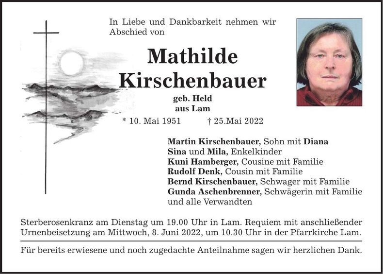 Traueranzeige Mathilde Kirschenbauer