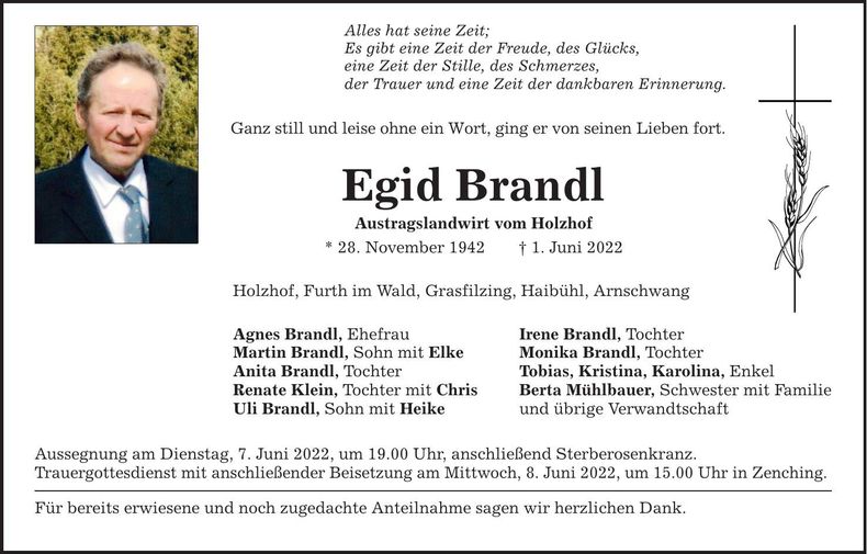 Traueranzeige Egid Brandl