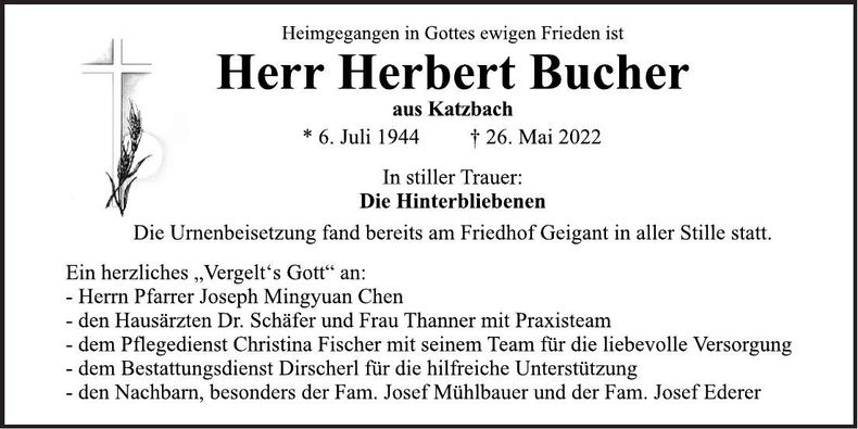 Traueranzeige Herbert Bucher