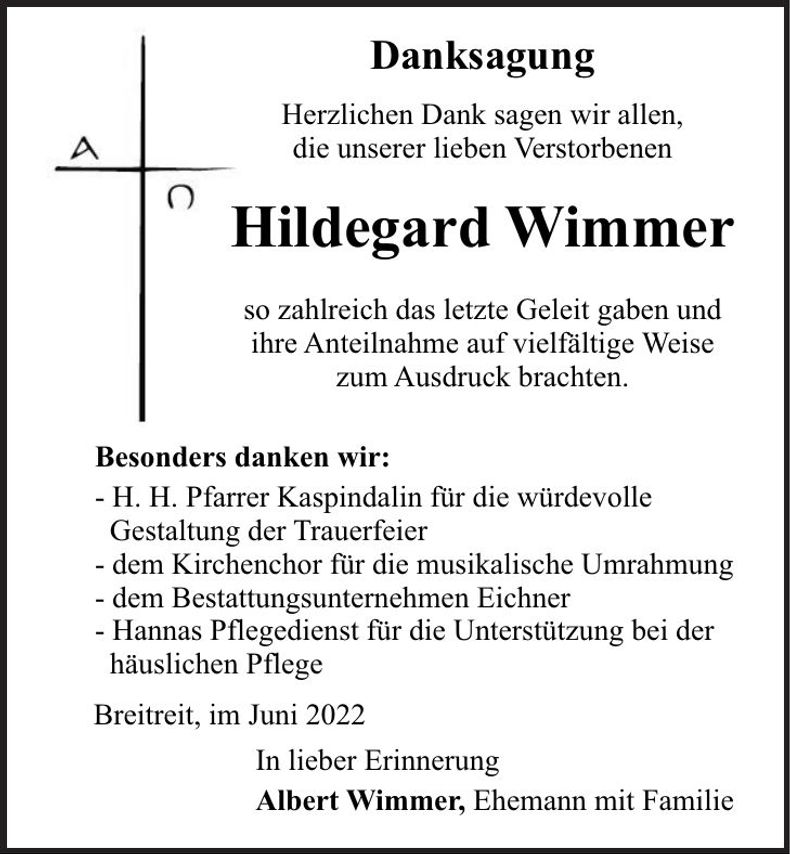 Traueranzeige Hildegard Wimmer