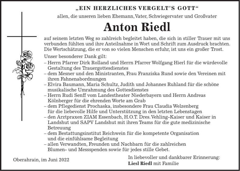 Traueranzeige Anton Riedl