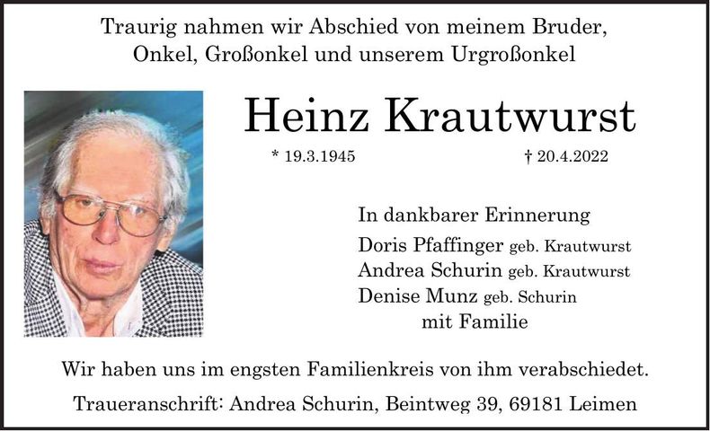 Traueranzeige Heinz Krautwurst