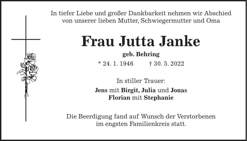 Traueranzeige Jutta Janke