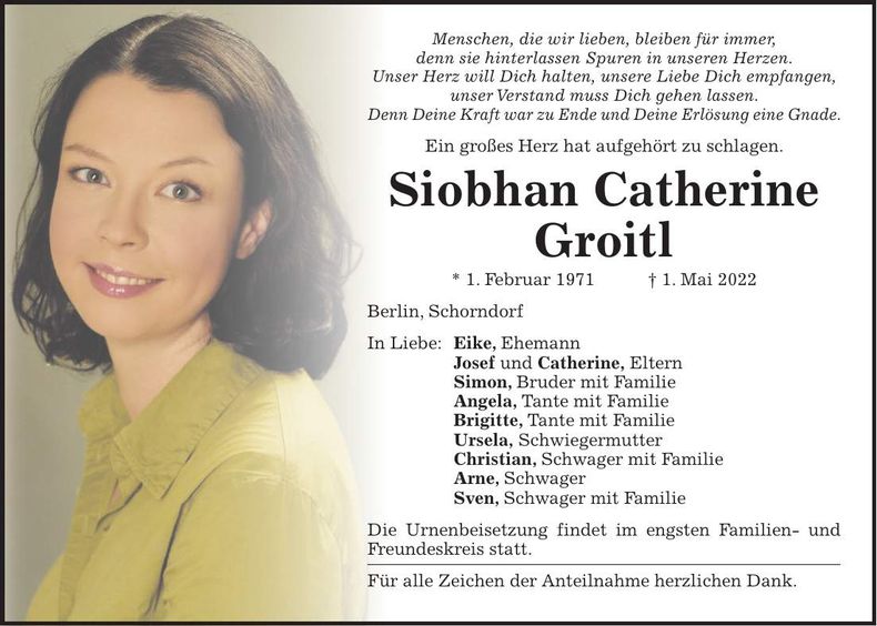 Traueranzeige Siobhan Catherine Groitl