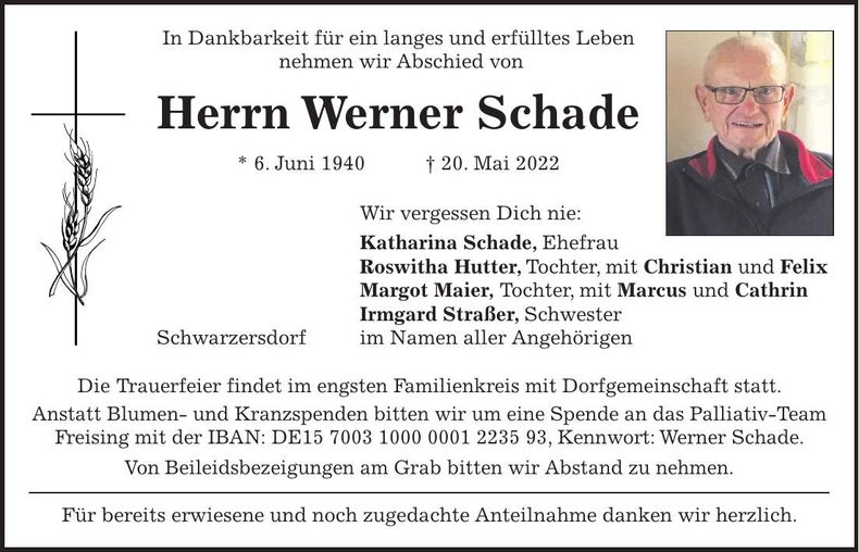 Traueranzeige Werner Schade
