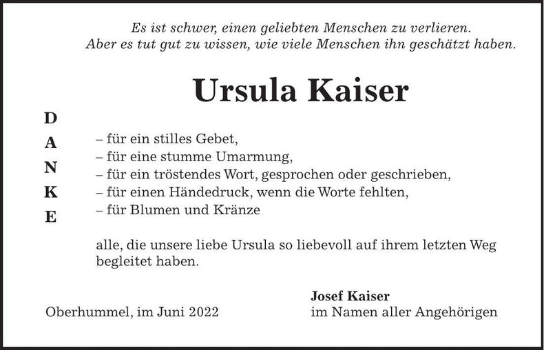 Traueranzeige Ursula Kaiser