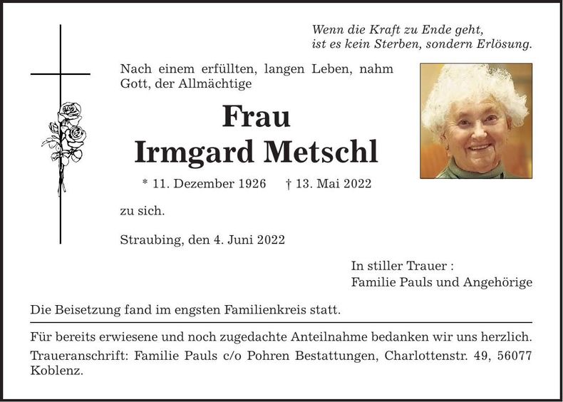 Traueranzeige Irmgard Metschl