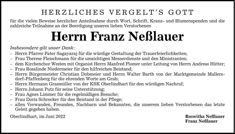 Traueranzeige Franz Neßlauer