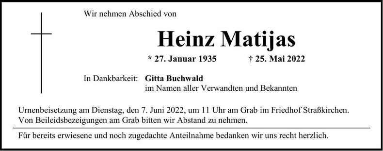 Traueranzeige Heinz Matijas