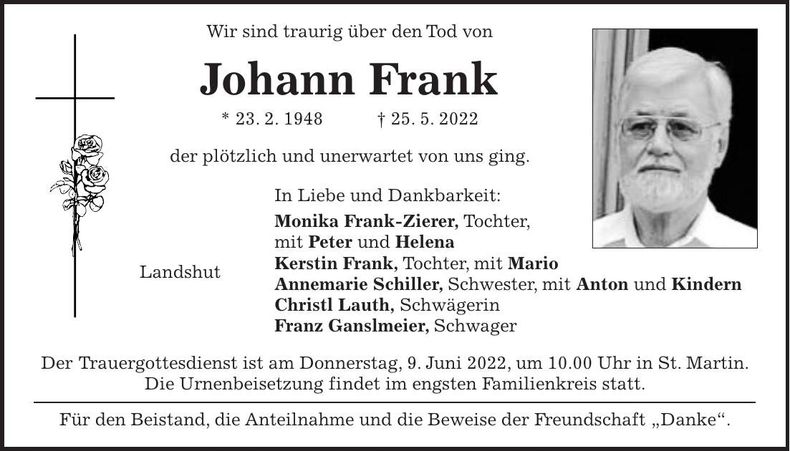 Traueranzeige Johann Frank
