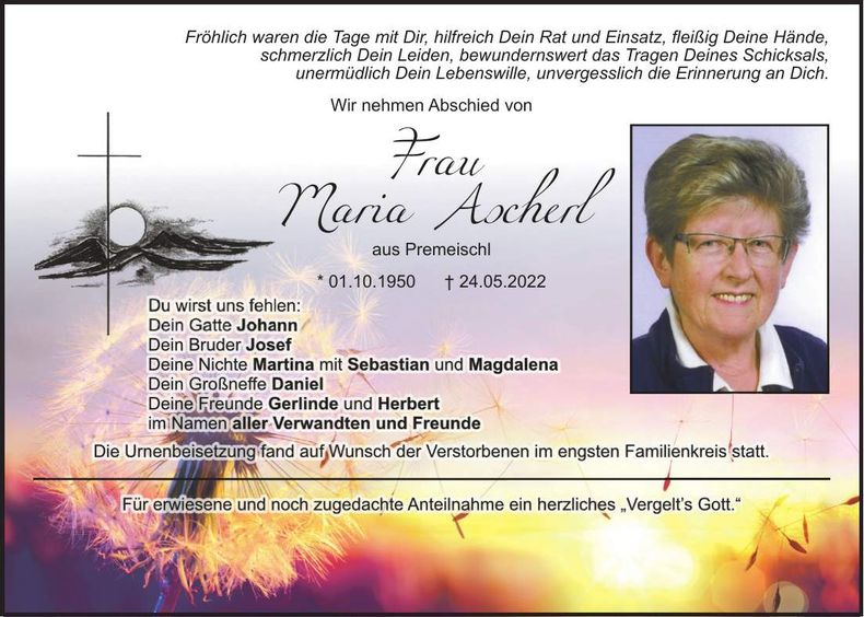 Traueranzeige Maria Ascherl