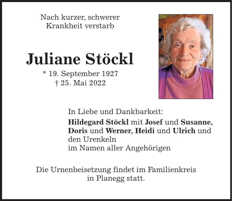 Traueranzeige Juliane Stöckl