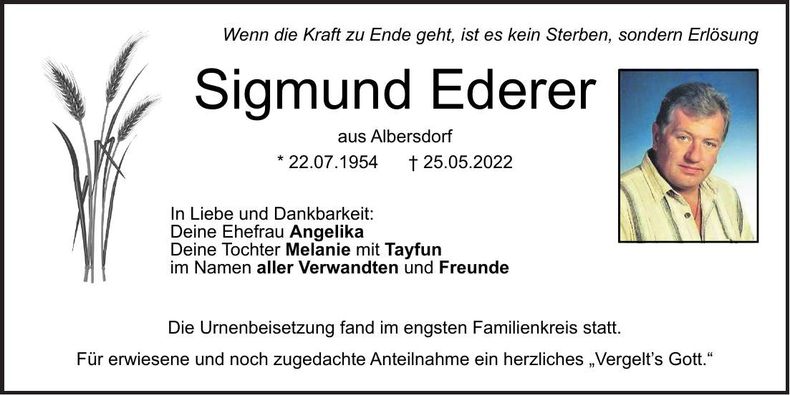 Traueranzeige Sigmund Ederer