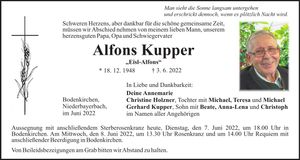 Traueranzeige Alfons Kupper