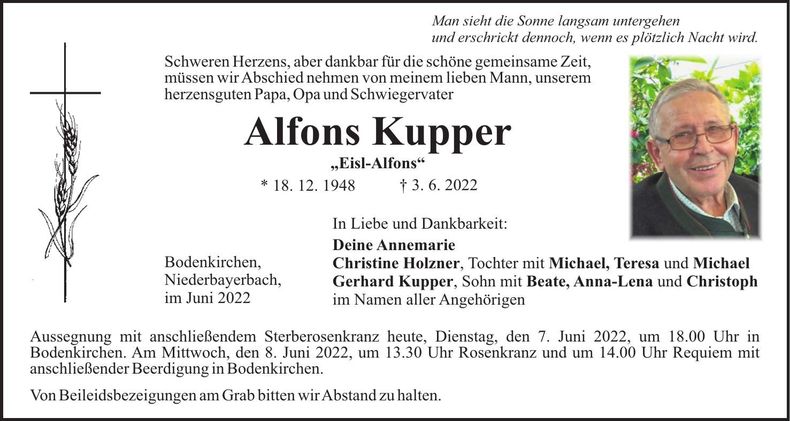 Traueranzeige Alfons Kupper