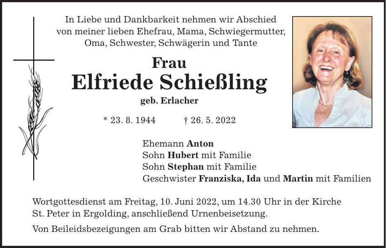 Traueranzeige Elfriede Schießling