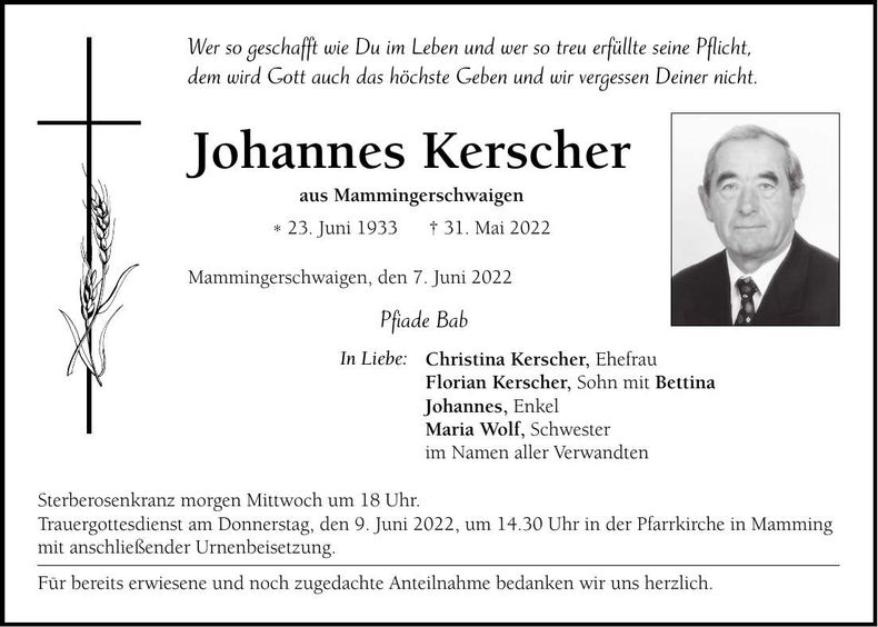 Traueranzeige Johannes Kerscher