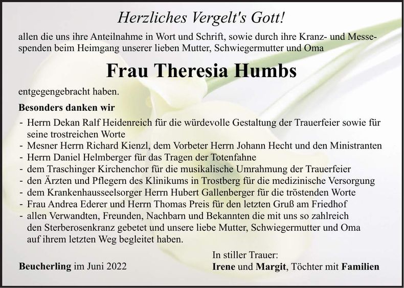 Traueranzeige Theresia Humbs