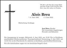 Traueranzeige Alois Breu