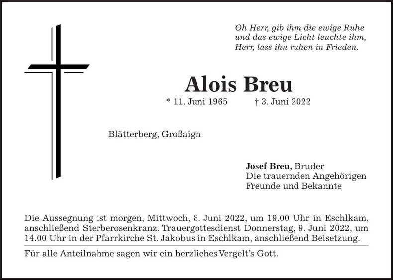 Traueranzeige Alois Breu