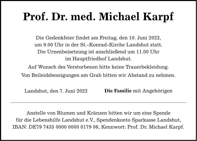 Traueranzeige Michael Prof. Dr. Med. Karpf