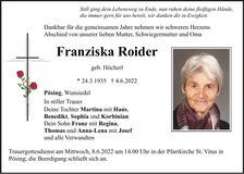 Traueranzeige Franziska Roider