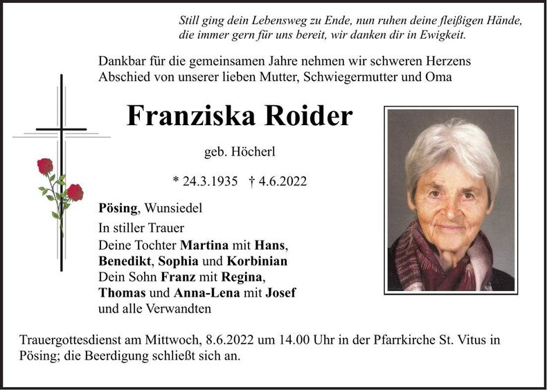 Traueranzeige Franziska Roider