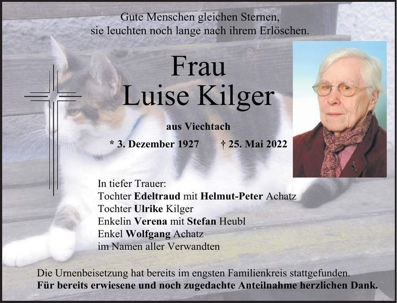 Traueranzeige Luise Kilger