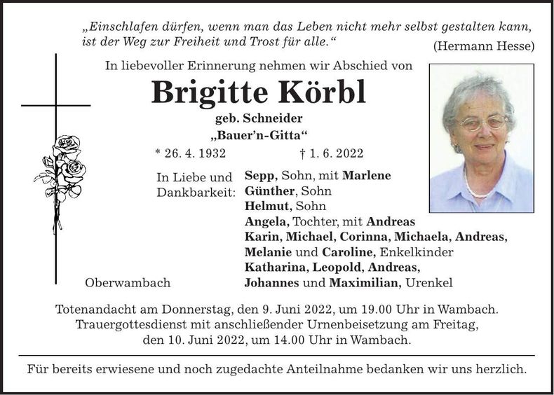 Traueranzeige Brigitte Körbl