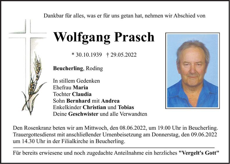 Traueranzeige Wolfgang Prasch