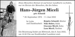 Traueranzeige Hans-Jürgen Miceli