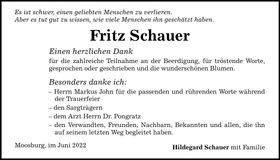 Traueranzeige Fritz Schauer