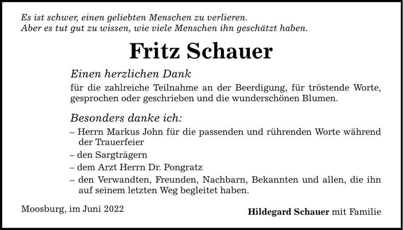 Traueranzeige Fritz Schauer